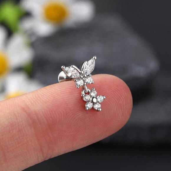 Sterling Steel Flat Back Earrings 16g Butterfly Flower Dangle Jewelry for Women - Picture 4 of 7